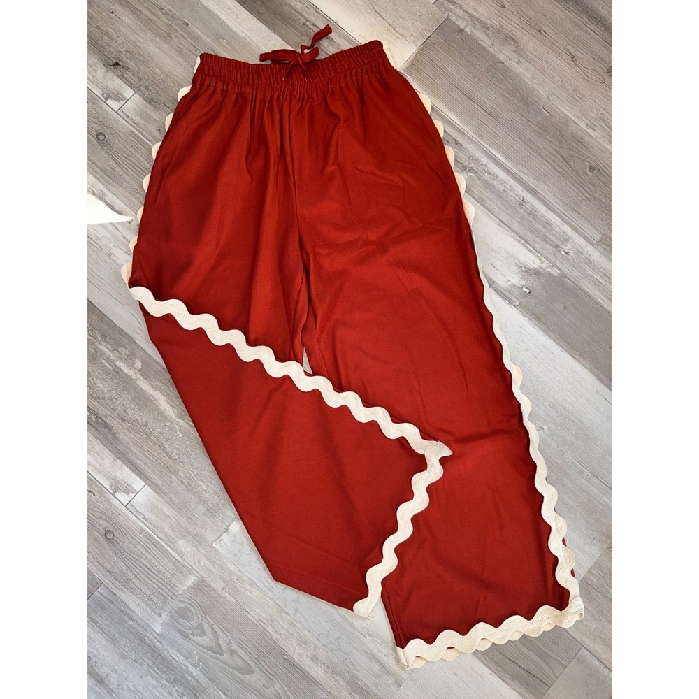 Unbranded Wide Leg Pants Women Rust Red Ric Rac Scallop Trim Ribbed Small